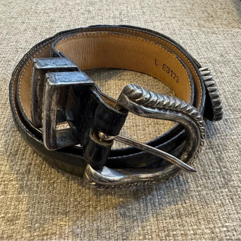 Vtg 1993 - Brighton - Alligator Embossed Leather Belt -Black & Silver - S/M